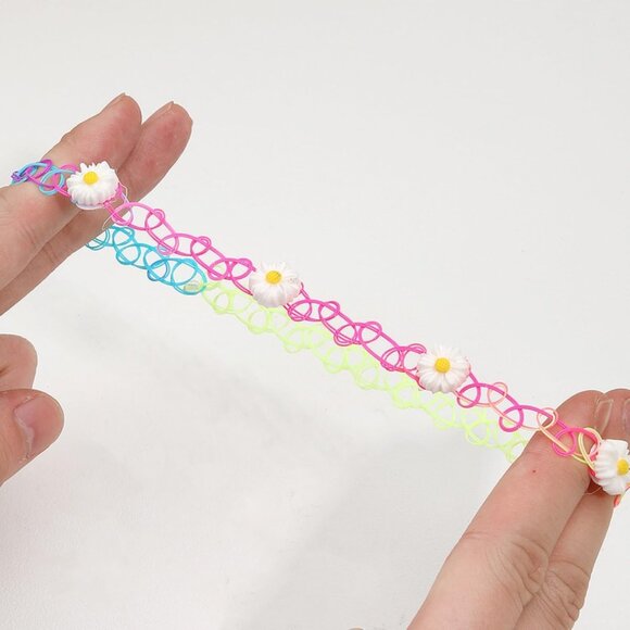 24PC Vintage Tattoo Choker Necklace Set with Daisy Flower Charm in Black Rainbow - Picture 9 of 9